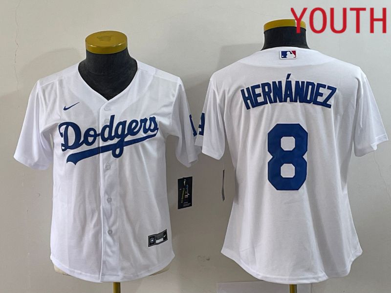 Youth Los Angeles Dodgers #8 Hernandez White Nike Game 2023 MLB Jersey->youth mlb jersey->Youth Jersey